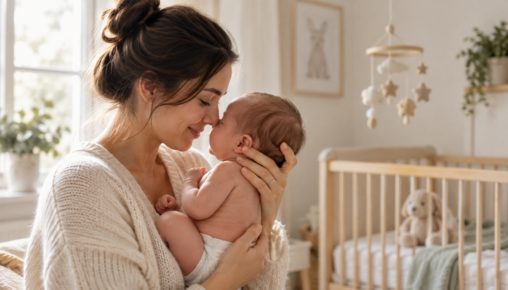 A mother holding her newborn baby close in a nursery, foreheads touching
