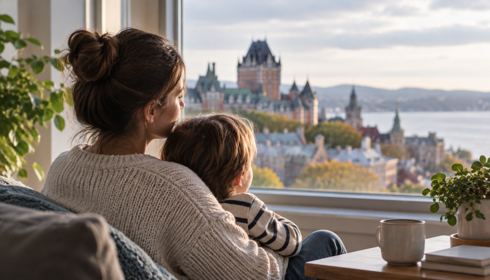 A mother and child looking out a window at the Quebec City skyline